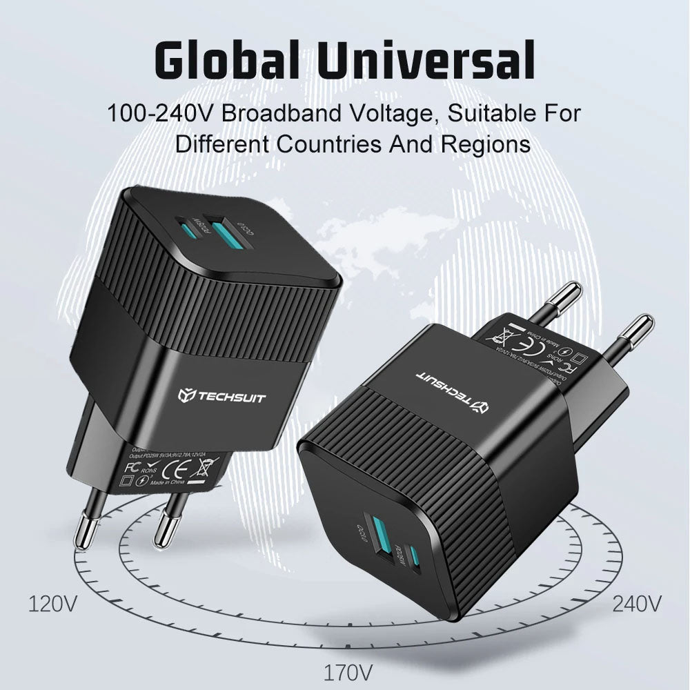 Netzladegerät Techsuit CHPD216 Tiny, 25W, 3A, 1 x USB-A - 1 x USB-C, Schwarz