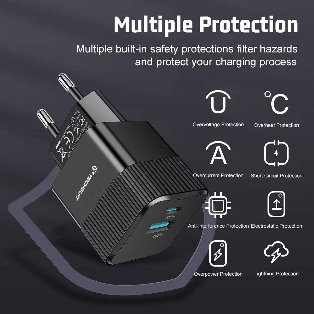 Netzladegerät Techsuit CHPD216 Tiny, 25W, 3A, 1 x USB-A - 1 x USB-C, Schwarz