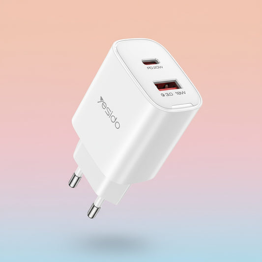 Netzladegerät Yesido YC02E, 20W, 3A, 1 x USB-A - 1 x USB-C, Weiß