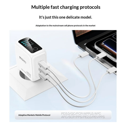 Netzladegerät Yesido YC114 Display, 140W, 5A, 1 x USB-A - 2 x USB-C, Weiß
