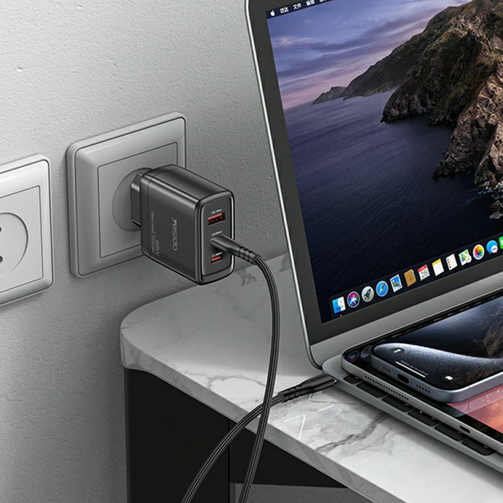 Yesido YC144 Network Charger, 65W, 3.25A, 1 x USB-A - 2 x USB-C, Black