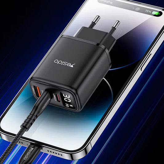 Netzladegerät Yesido YC69 Display, 30W, 3A, 1 x USB-A - 2 x USB-C, Schwarz