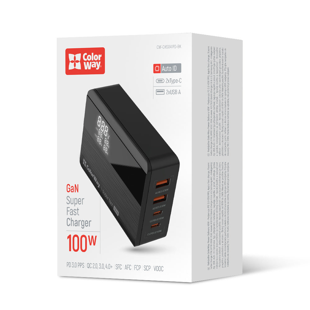 Ladestation ColorWay Display, 100W, 5A, 2 x USB-A - 2 x USB-C, Schwarz