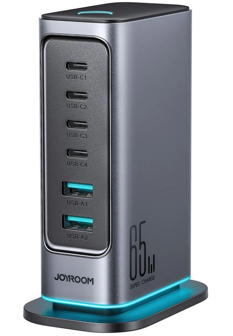 Ladestation Joyroom JR-TCM02 UK, 65W, 3,25A, 2 x USB-A - 4 x USB-C, Grau