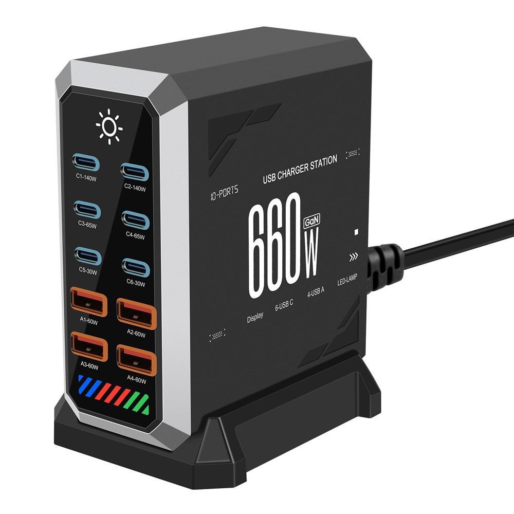 OEM Ladestation HW18 Ladegerät, 660W, 5A, 4 x USB-A - 6 x USB-C, Schwarz