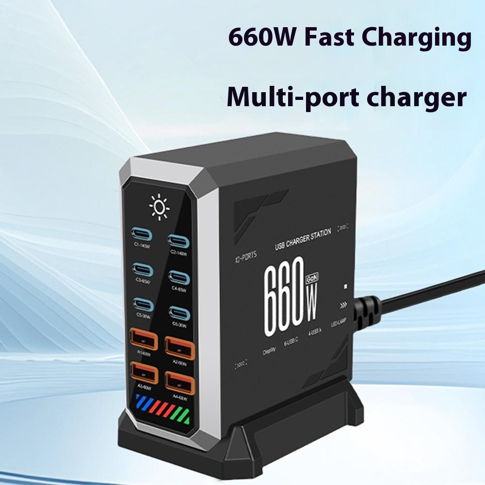 OEM Ladestation HW18 Ladegerät, 660W, 5A, 4 x USB-A - 6 x USB-C, Schwarz