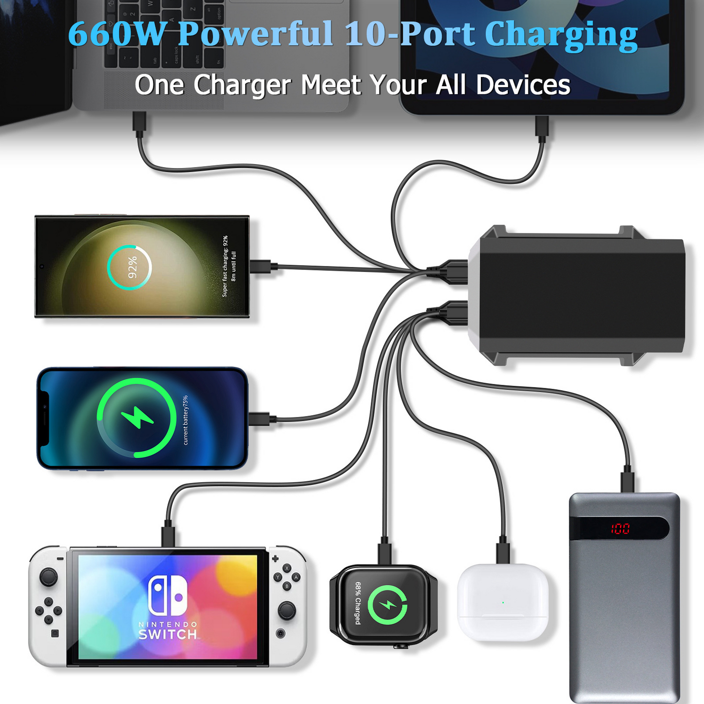 OEM Ladestation HW18 Ladegerät, 660W, 5A, 4 x USB-A - 6 x USB-C, Schwarz