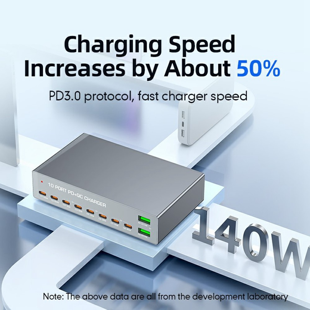 OEM-Ladestation WLX-X6Y, 140W, 5A, 2 x USB-A - 8 x USB-C, Silber
