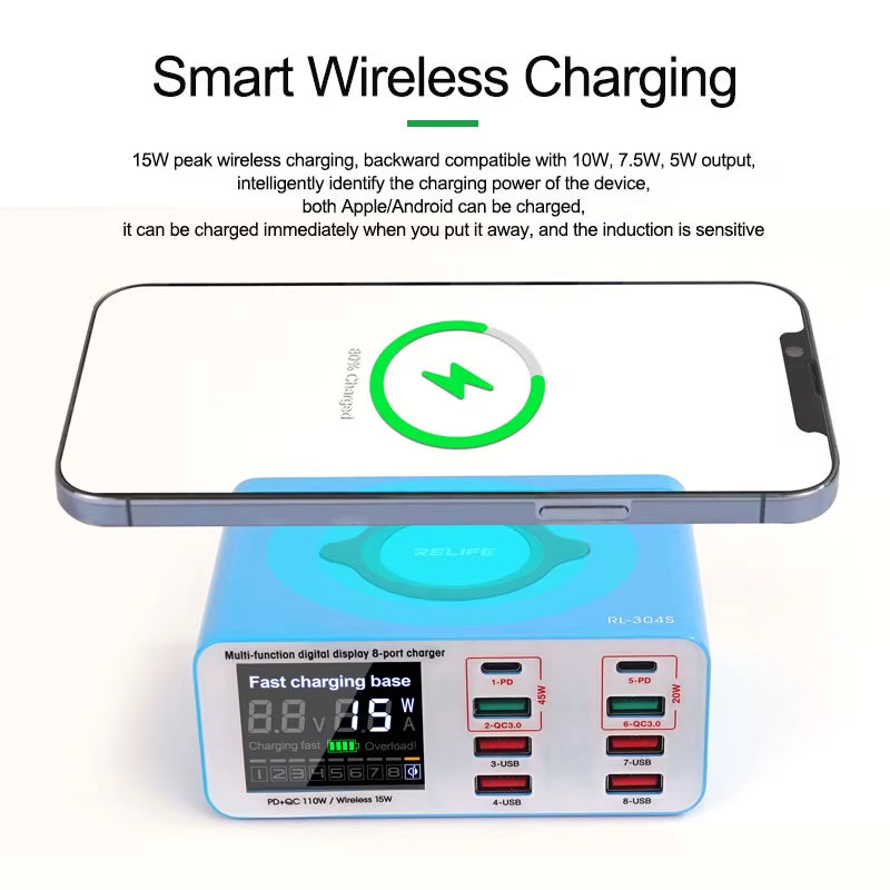 Ladestation Relife RL-304S QI, 110W, 3A, 2 x USB-C - 6 x USB-A, Blau
