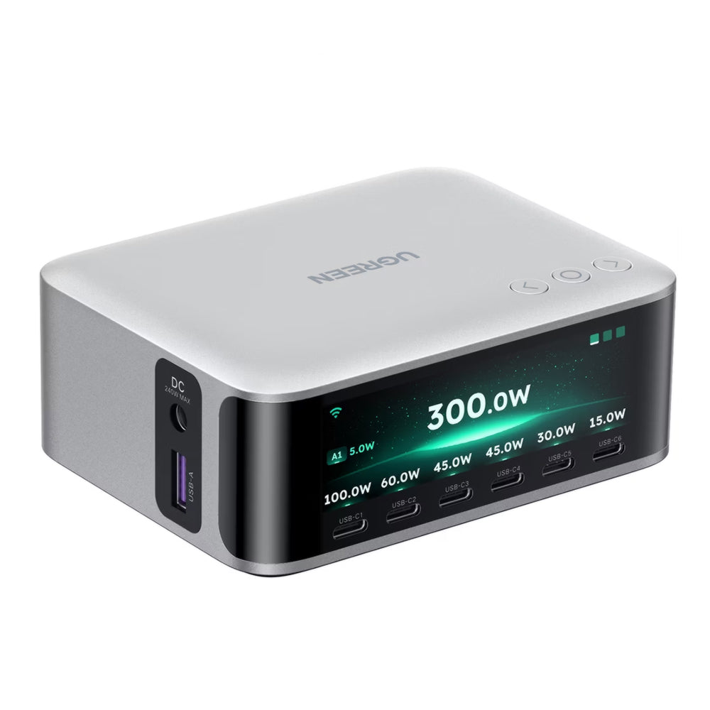 UGREEN Nexode Pro X783 (75753B) Ladestation mit Display, 300 W, 5 A, 1 x USB-A – 6 x USB-C – 1 x DC, Grau