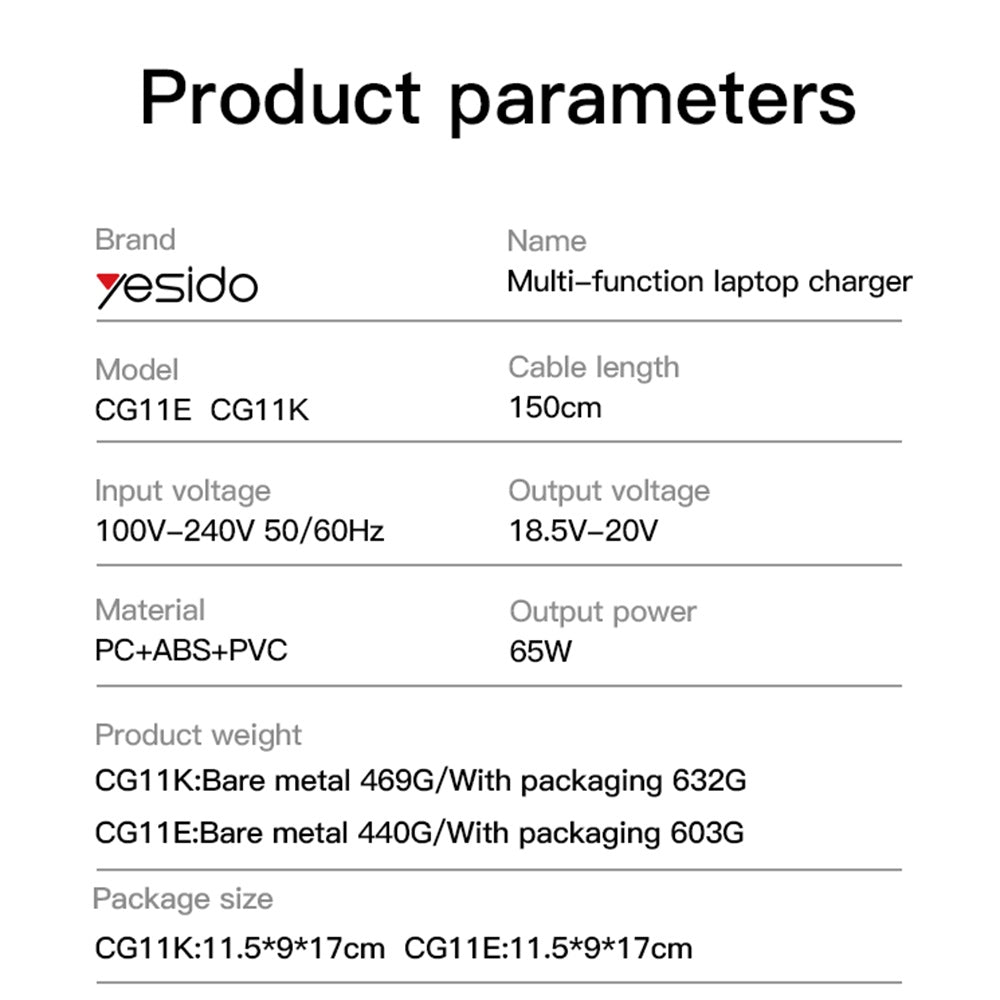 Yesido CG11E Ladegerät, 65W, Universal, Schwarz