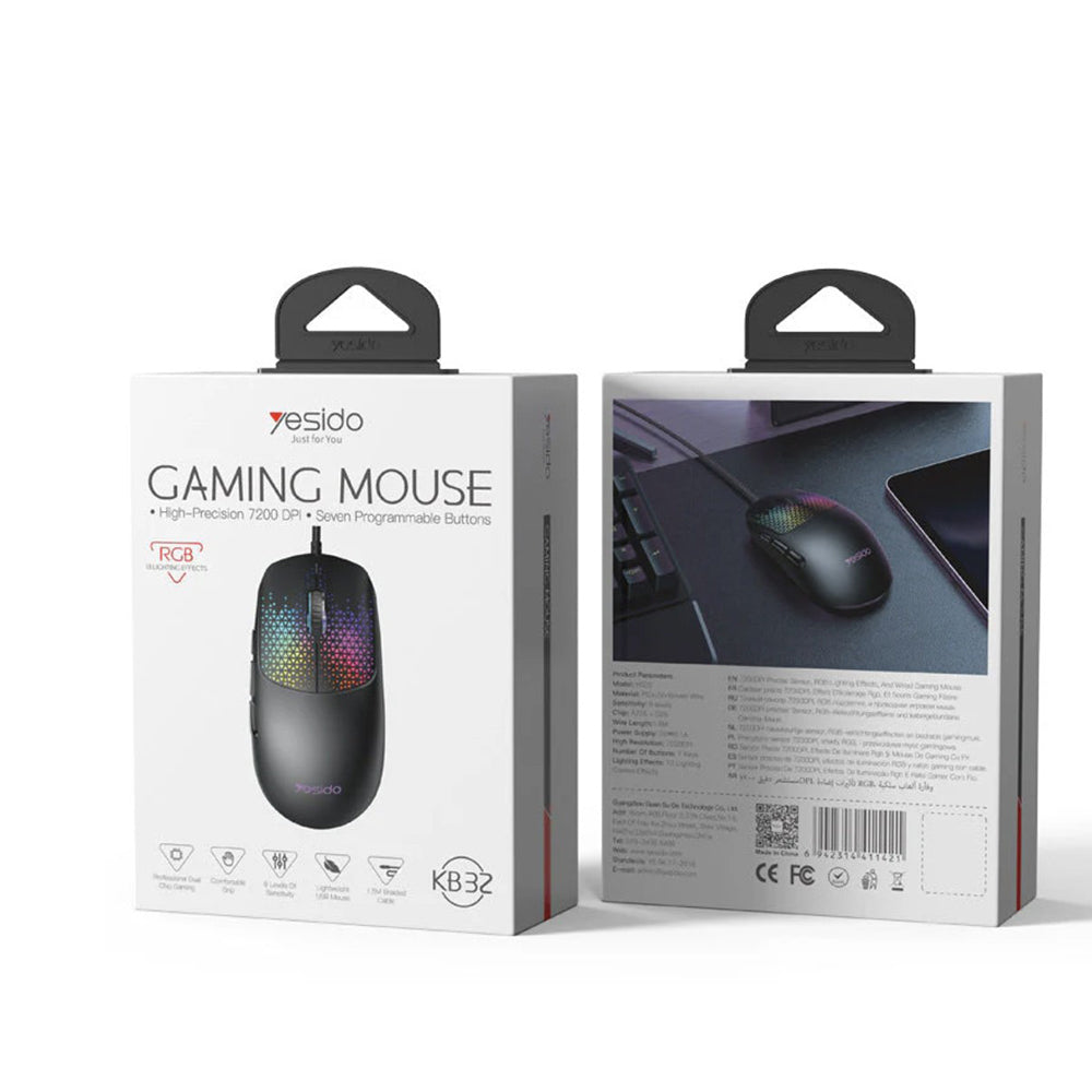 Gaming-Maus Wired USB Yesido KB32, RGB, 7200DPI, Schwarz