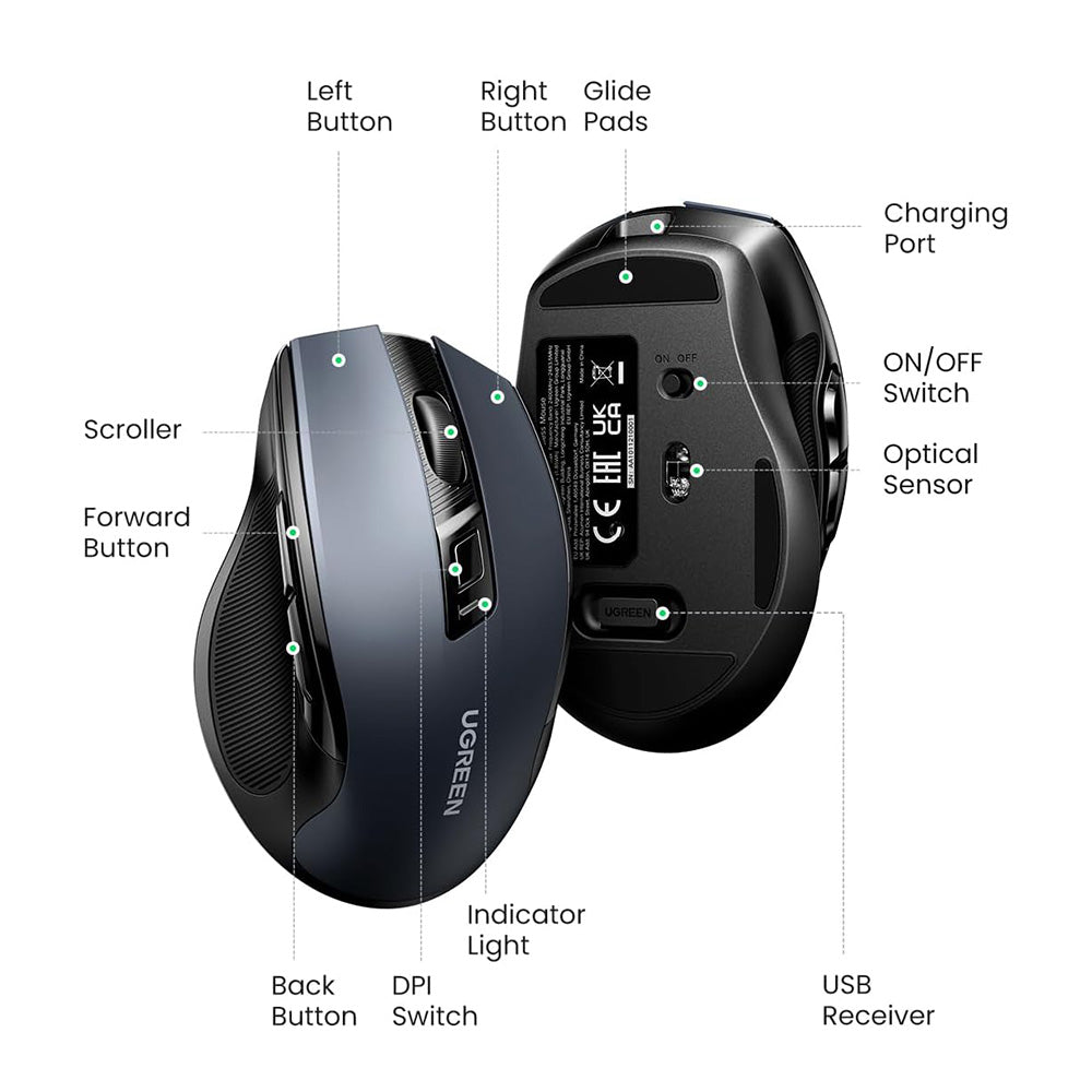 Mouse Wireless UGREEN MU006S (85082), 4000DPI, BT / Wi-Fi, Grau