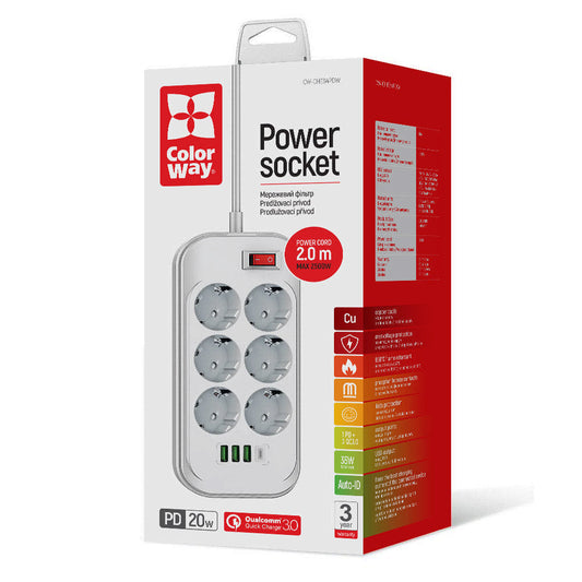 Verlängerungskabel ColorWay, 6 x Schuko, Weiß