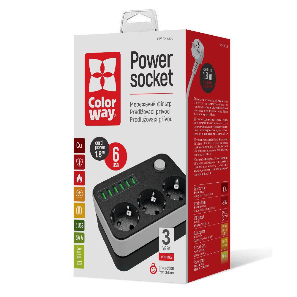 ColorWay Verlängerungskabel, 3 x Schuko - 6 x USB-A, Schwarz