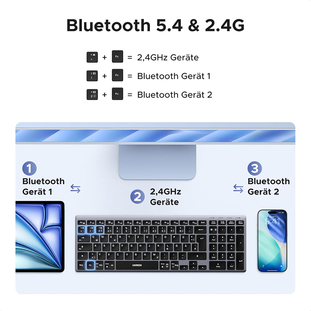 Wireless-Tastatur UGREEN K552 (75163), BT / Wi-Fi, Schwarz