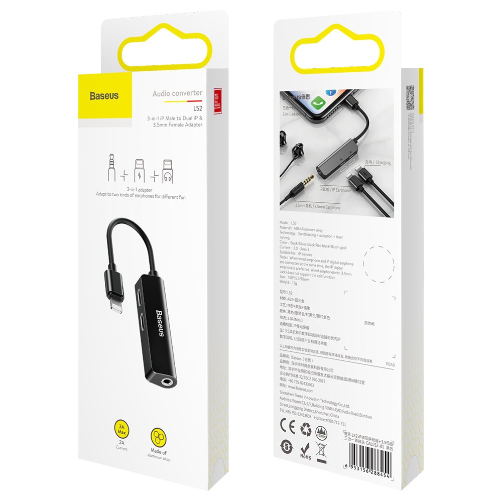 Audioadapter Lightning - Lightning / 3.5mm Baseus L52, Schwarz CALL52-01