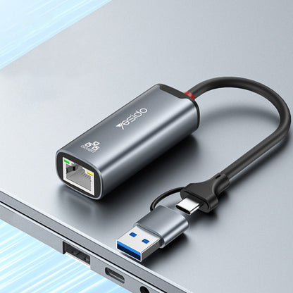 Netzwerkkarte Yesido HB26, RJ45, USB / USB-C, Grau