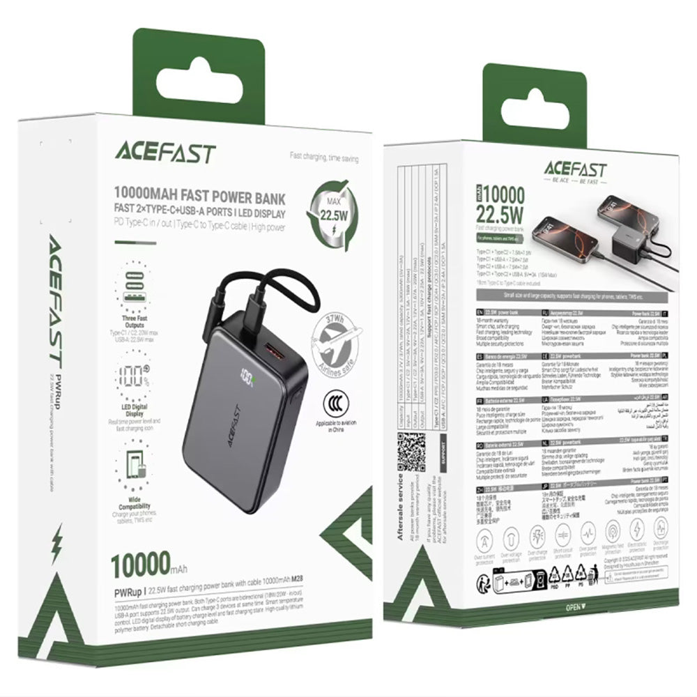 Externer Akku Acefast M28, 10000mAh, 22.5W, QC + PD, 1 x USB-A - 2 x USB-C, Schwarz