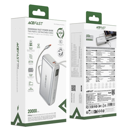 Externer Akku Acefast M34, 20000mAh, 45W, QC + PD, 1 x USB-A - 2 x USB-C, Silber