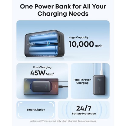 Externer Akku Anker Nano, 10000mAh, 45W, QC + PD, 1 x USB-A - 1 x USB-C, Schwarz A1638H11