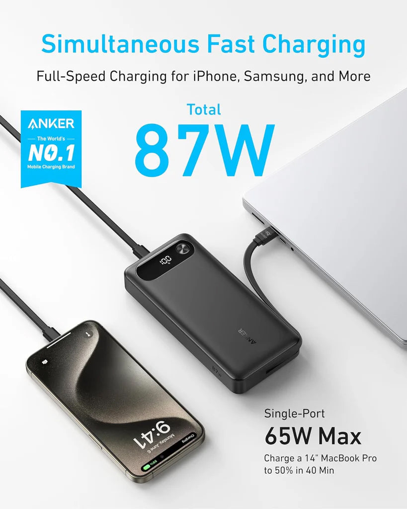 Anker PowerCore External Battery, 20000mAh, 87W, QC + PD, 1 x USB-A - 2 x USB-C, Black A1383H11