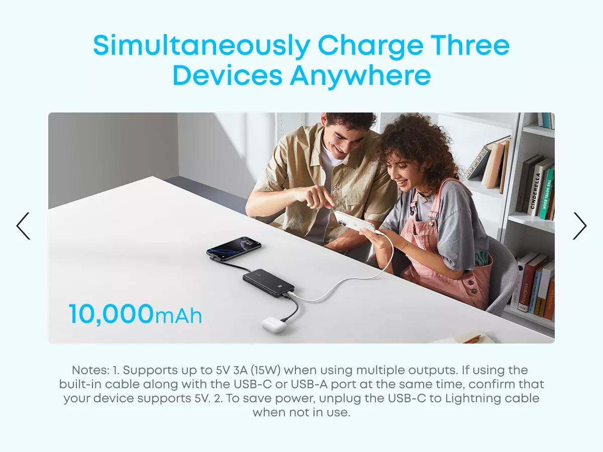 Externer Akku Anker Zolo, 10000mAh, 22.5W, QC + PD, 1 x USB-A - 2 x USB-C, Weiß A110DH21