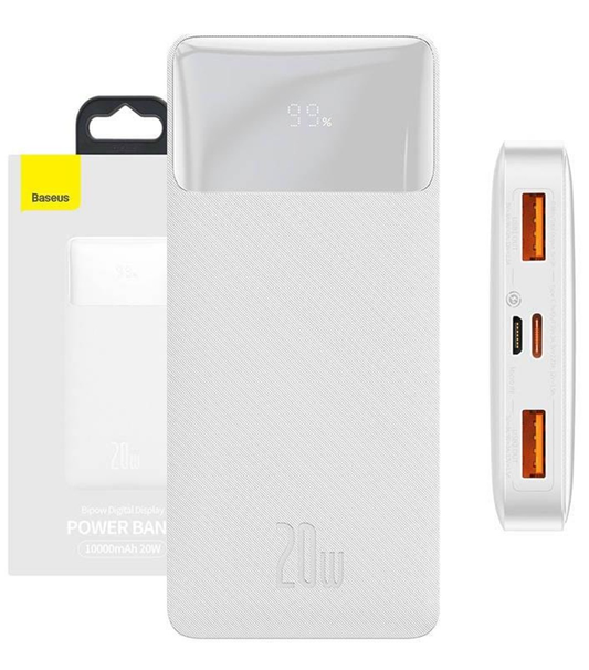 Externer Akku Baseus Bipow, 10000mAh, 20W, QC + PD, 1 x USB-C - 2 x USB-A, Weiß PPBD050502