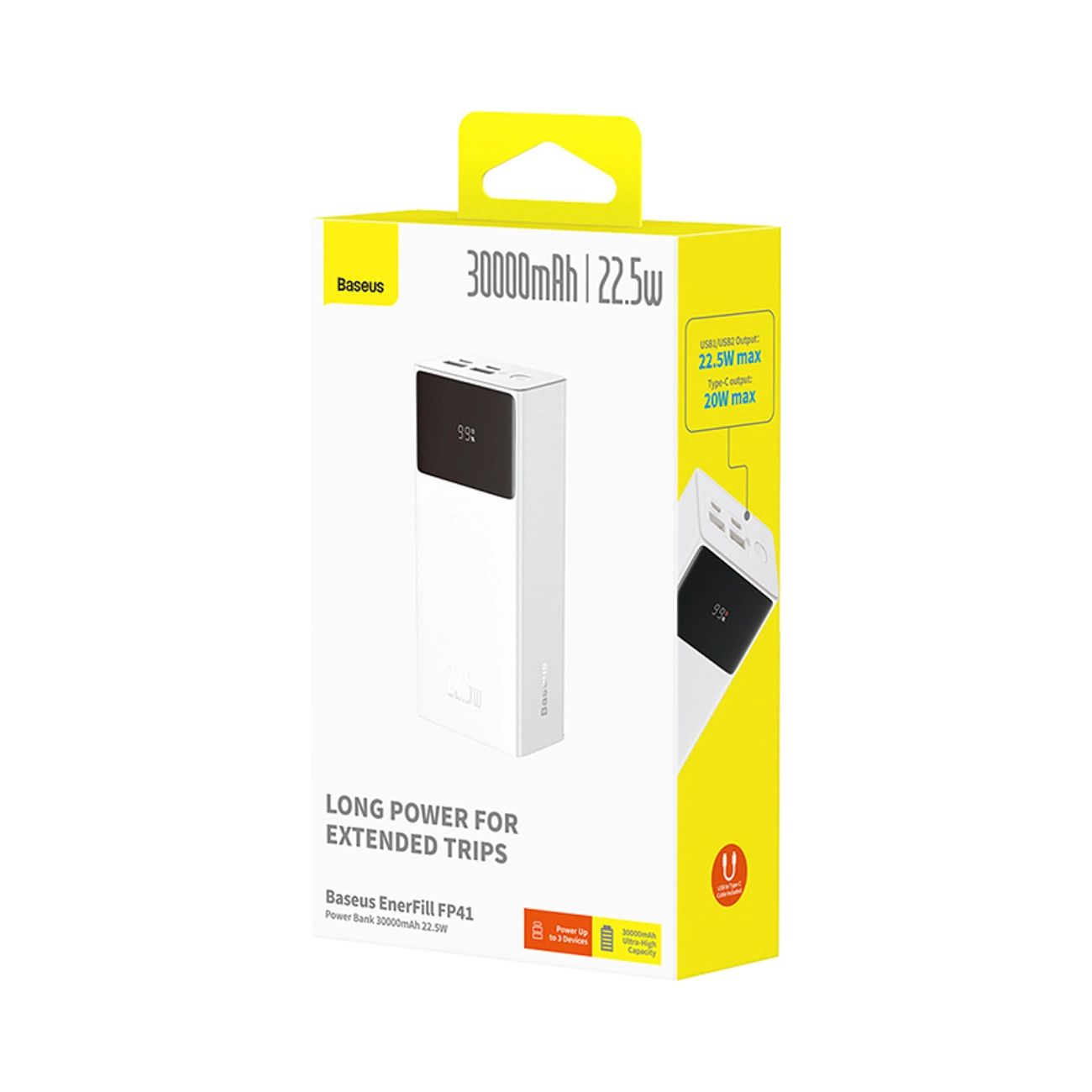 Externer Akku Baseus EnerFill FP41, 30000mAh, 22.5W, QC + PD, 1 x USB-C - 2 x USB-A, Weiß