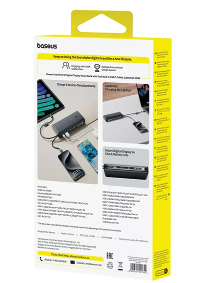 Externer Akku Baseus EnerFill FC41, 20000mAh, 100W, QC + PD, 1 x USB-A - 3 x USB-C, Schwarz E0028N03