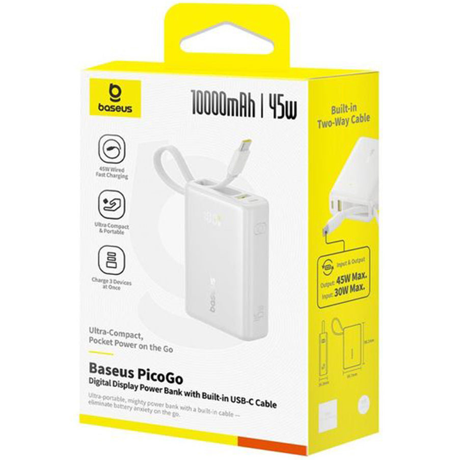 Externer Akku Baseus PicoGo, 10000mAh, 45W, QC + PD, 1 x USB-A - 2 x USB-C, Weiß P10076803213-00