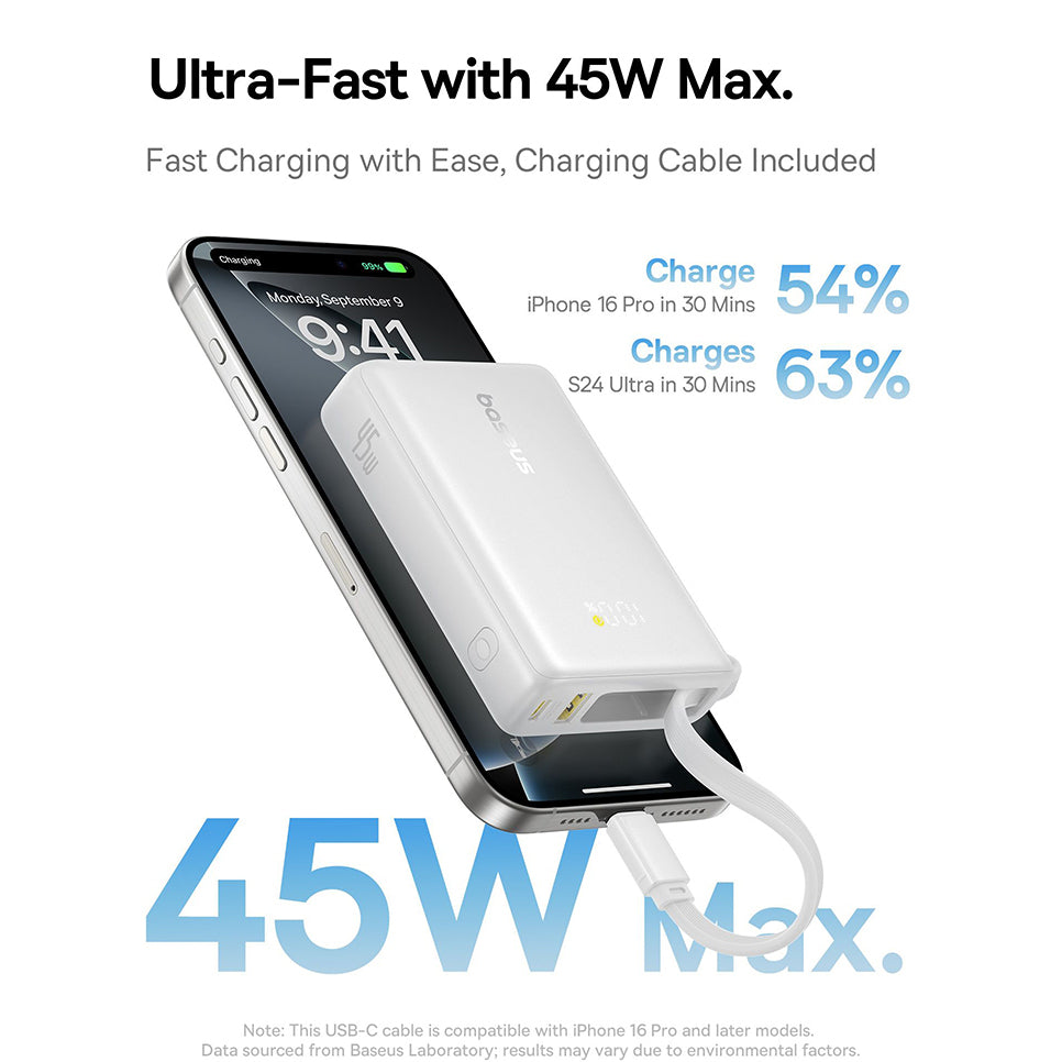 Externer Akku Baseus PicoGo, 10000mAh, 45W, QC + PD, 1 x USB-A - 2 x USB-C, Weiß P10076803213-00