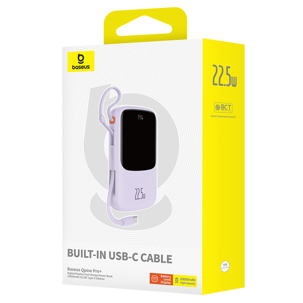 Baseus Qpow Pro+ External Battery, 10000mAh, 22.5W, QC + PD, 1 x USB-A - 2 x USB-C, Purple P10067101513-00