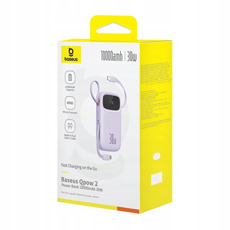 Externer Akku Baseus Qpow2, 10000mAh, 30W, QC + PD, 1 x USB-A - 3 x USB-C, Lila P10055008513-00