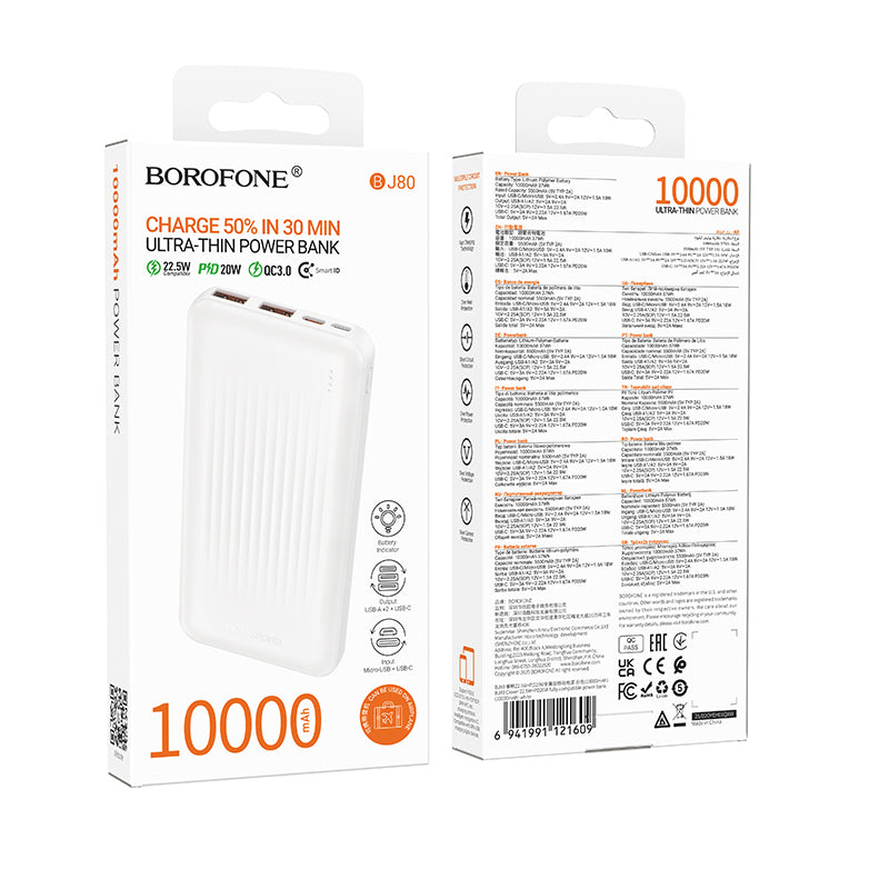 Borofone BJ80A Clever External Battery, 10000mAh, 22.5W, QC + PD, 1 x USB-C - 2 x USB-A, White