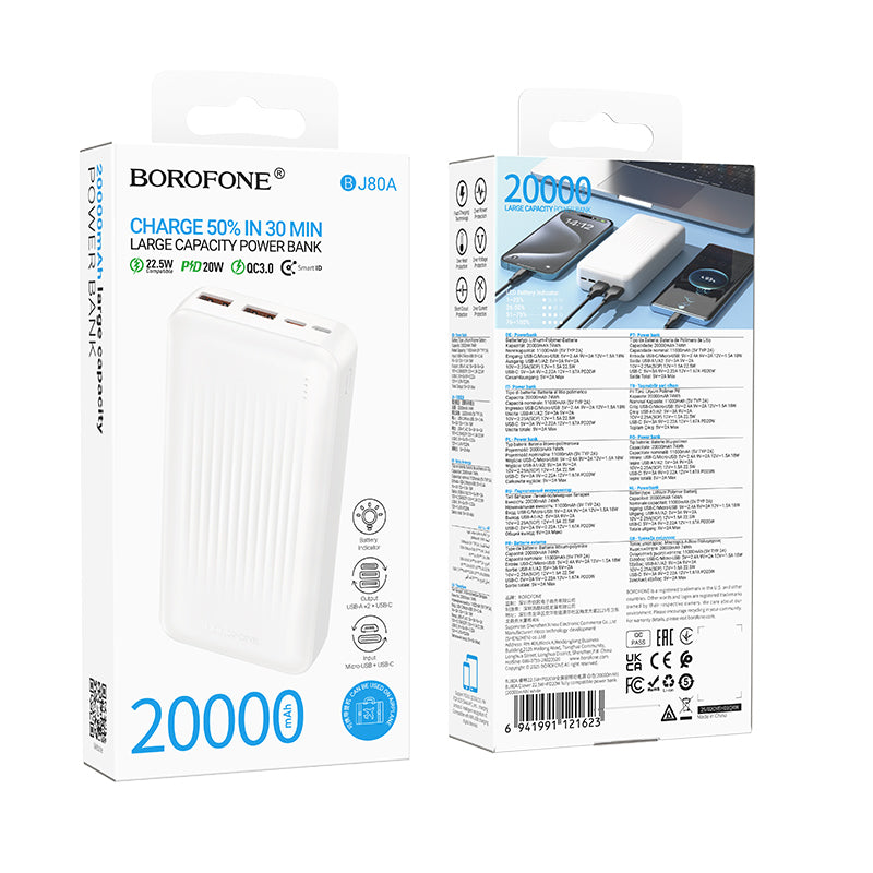 Externer Akku Borofone BJ80A Clever, 20000mAh, 22.5W, QC + PD, 1 x USB-C - 2 x USB-A, Weiß