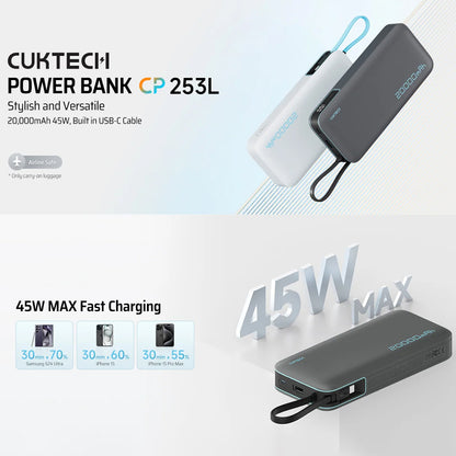Externe Batterie Cuktech LPB200N, 20000mAh, 45W, QC + PD, 1 x USB-A - 2 x USB-C, Weiß CUKP200NGLLG