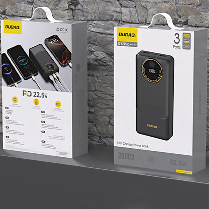 Externer Akku Dudao K12Pro, 20000mAh, 22.5W, QC + PD, 1 x USB-C - 2 x USB-A, Schwarz