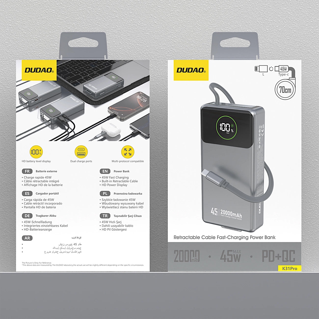 Externe Batterie Dudao K31 Pro, 20000mAh, 45W, QC + PD, 1 x USB-A - 2 x USB-C, Grau