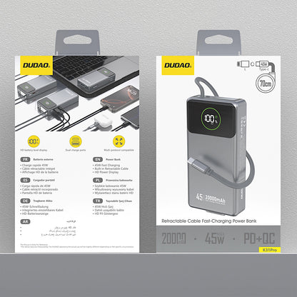 Externe Batterie Dudao K31 Pro, 20000mAh, 45W, QC + PD, 1 x USB-A - 2 x USB-C, Grau