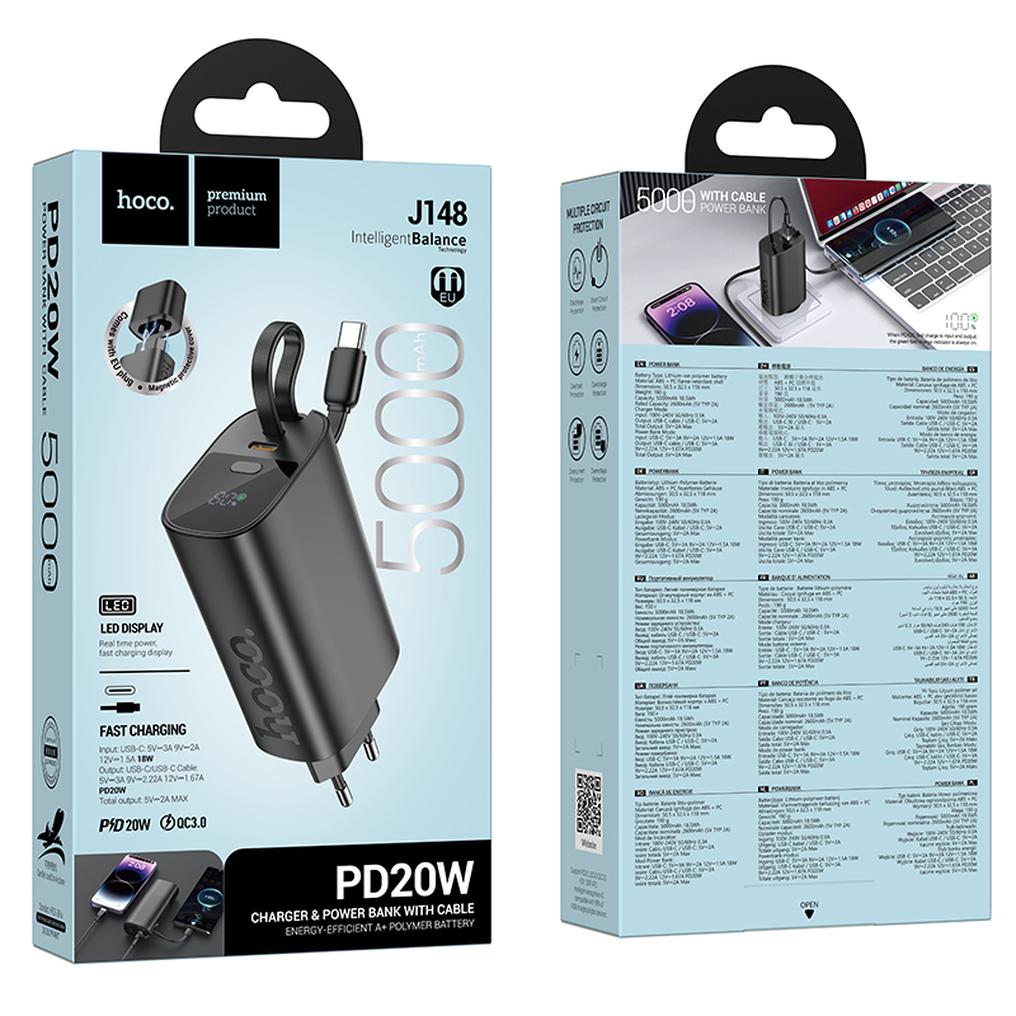 HOCO J148 2-in-1 Powerbank, 5000 mAh, 20 W, PD, 2 × USB-C, Schwarz