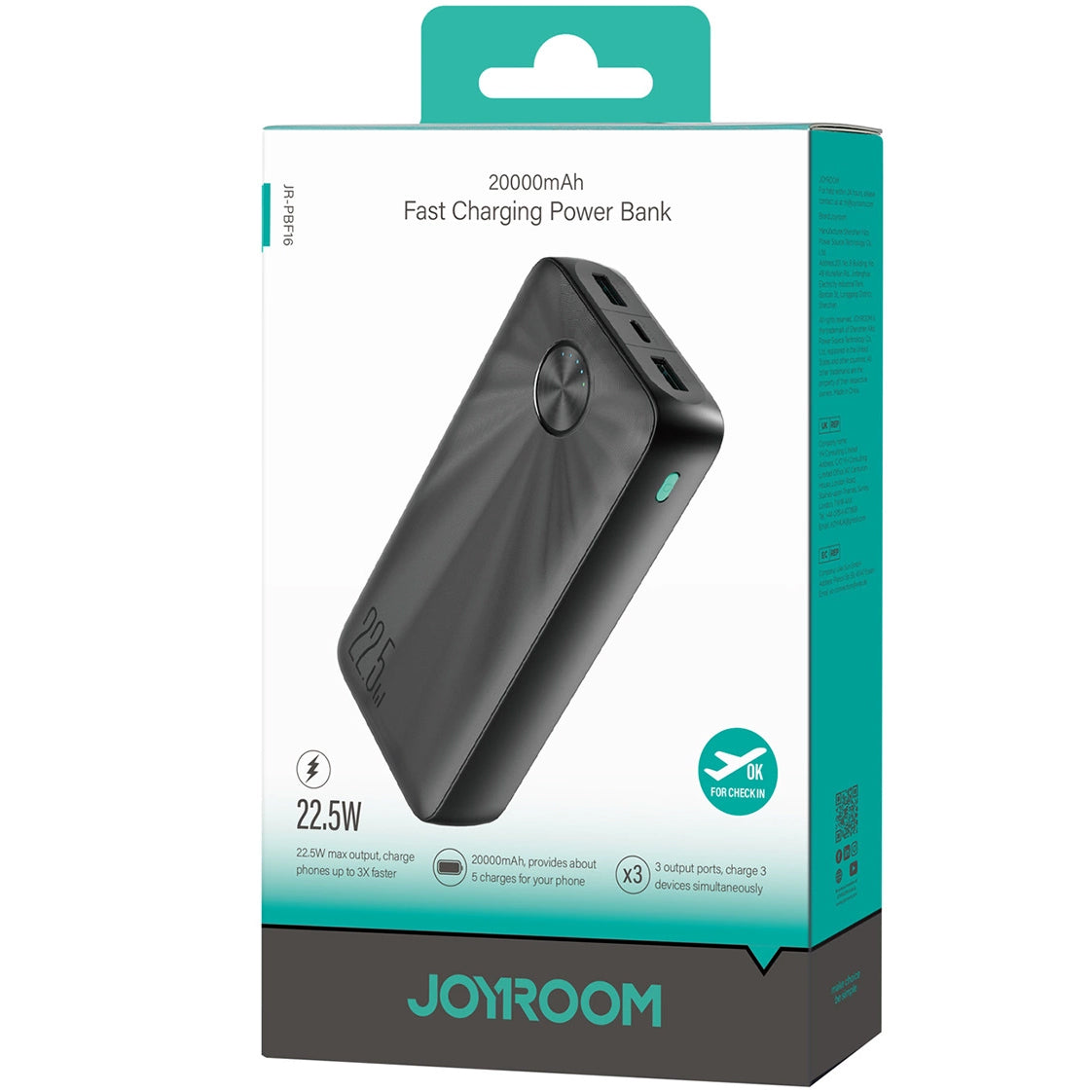Externer Akku Joyroom JR-PBF16, 20000mAh, 22.5W, QC + PD, 1 x USB-C - 2 x USB-A, Schwarz 