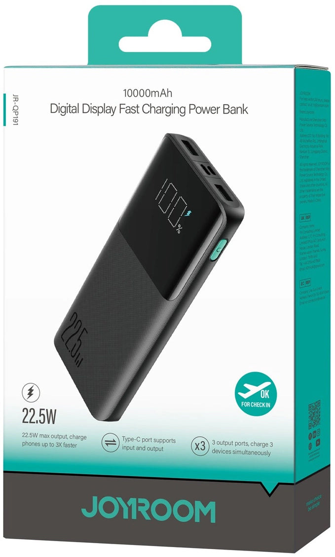 Externer Akku Joyroom JR-QP191, 10000mAh, 22.5W, QC + PD, 1 x USB-C - 2 x USB-A, Schwarz