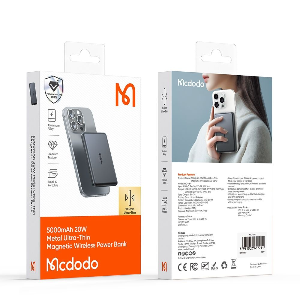Externer Wireless-Akku McDodo MC-4641 Meta, 5000mAh, 20W, PD + FQI, 1 x QI - 1 x USB-C, Schwarz