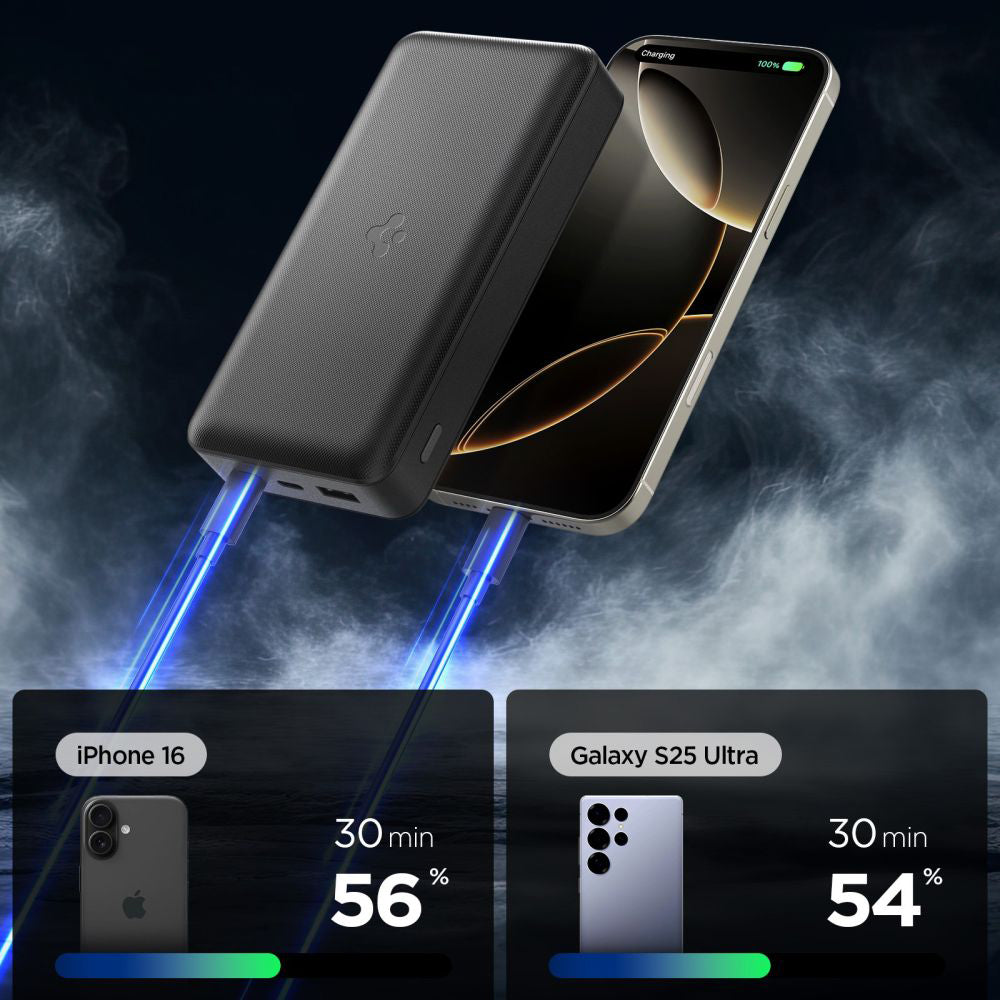 Externer Akku Spigen, 30000mAh, 30W, QC + PD, 1 x USB-A - 2 x USB-C, Schwarz