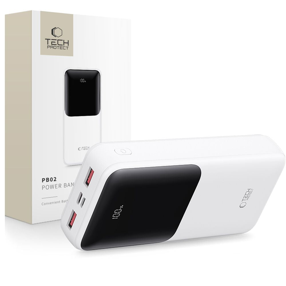 Externer Akku Tech-Protect PB02, 20000mAh, 22.5W, QC + PD, 1 x USB-C - 2 x USB-A, Weiß