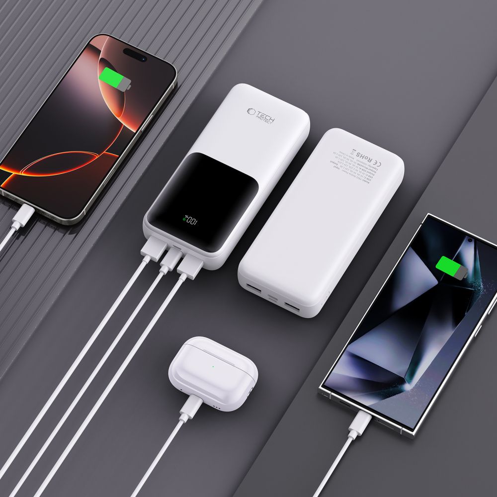 Externer Akku Tech-Protect PB02, 20000mAh, 22.5W, QC + PD, 1 x USB-C - 2 x USB-A, Weiß