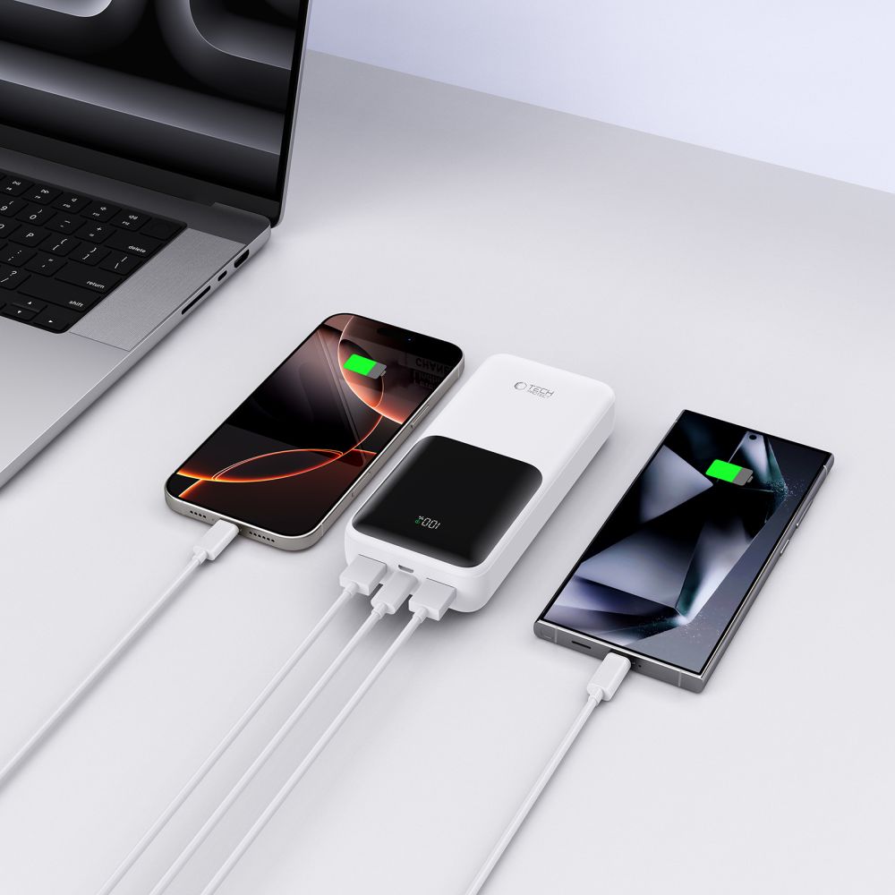 Externer Akku Tech-Protect PB02, 20000mAh, 22.5W, QC + PD, 1 x USB-C - 2 x USB-A, Weiß