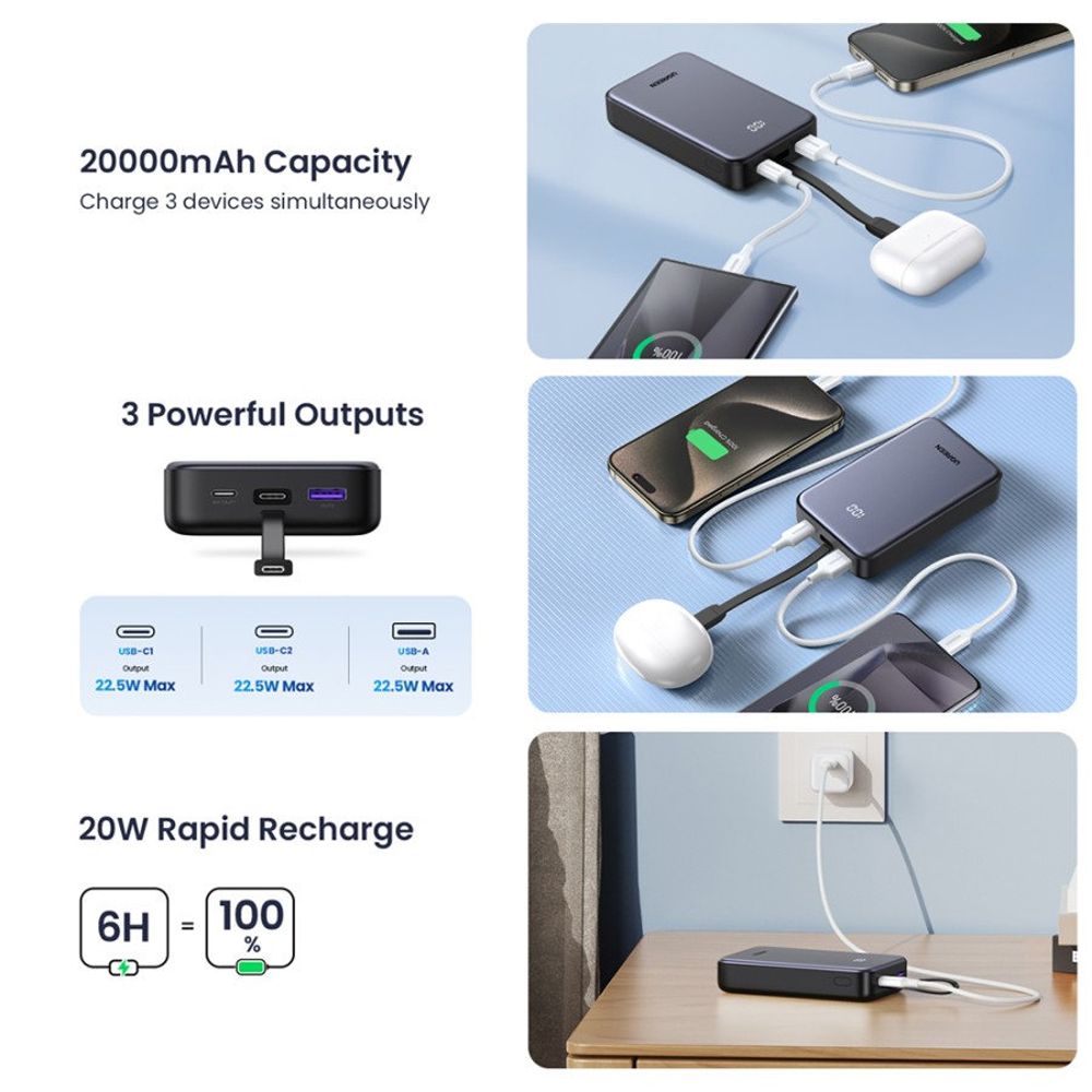 Externer Akku UGREEN PB505, 20000mAh, 22.5W, QC + PD, 1 x USB-A - 2 x USB-C, Grau