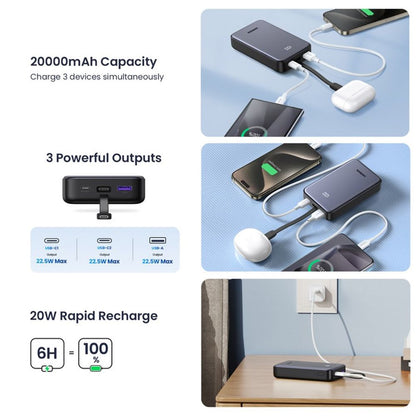 Externer Akku UGREEN PB505, 20000mAh, 22.5W, QC + PD, 1 x USB-A - 2 x USB-C, Grau
